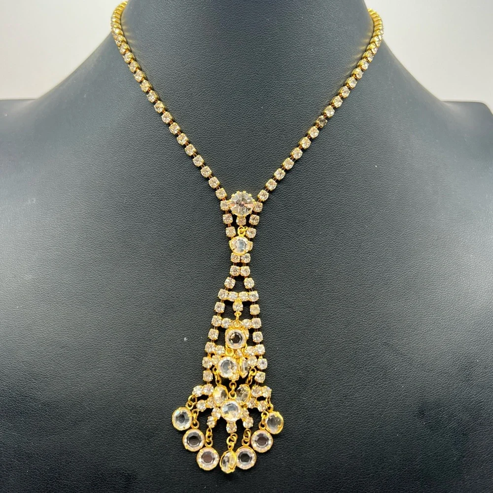 Spectacular Sparkling Crystal Dangled & Rhinestone Necklace Gold Tone Setting - Picture 1 of 8